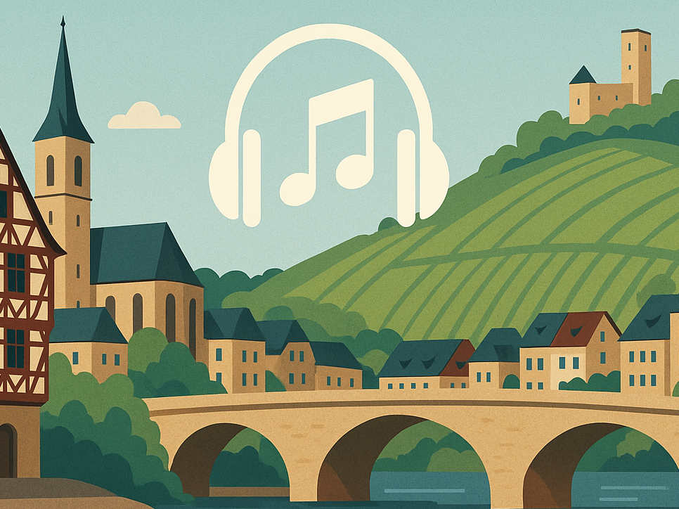 Das Bild zeigt eine gezeichnete Ansicht von Bernkastel-Kues mit der Aufschrift "Audio-Rundgang" durch Bernkastel-Kues